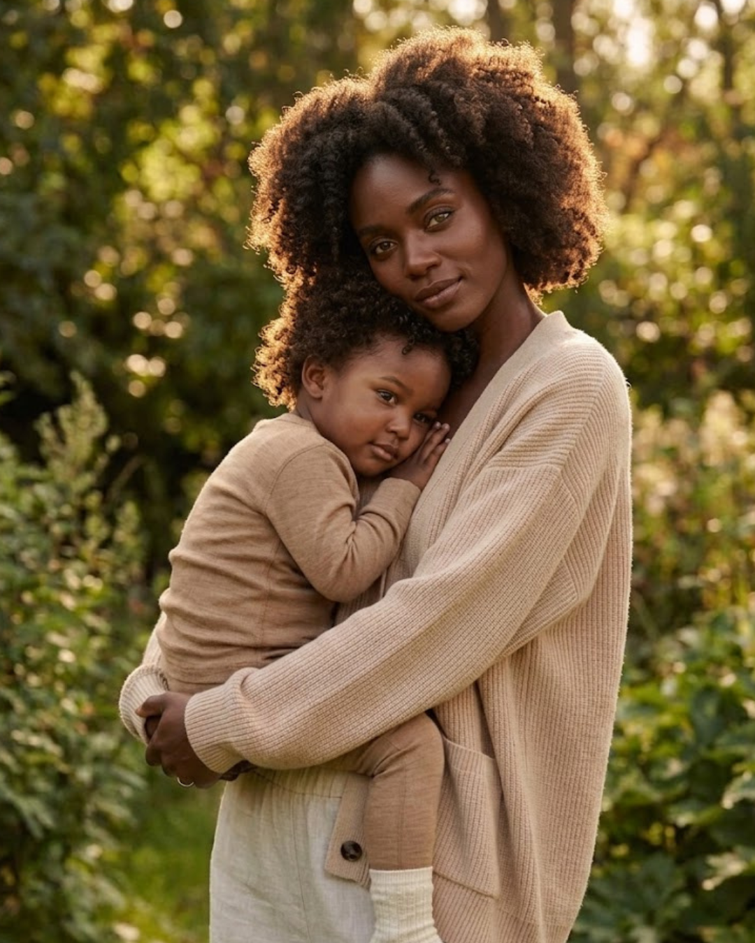 A woman with curly hair stands in a lush, sunlit green garden, gently holding a young child in her arms. The woman is wearing a beige cardigan and light linen pants, while the child wears a tan long-sleeved top, ribbed leggings, and cream socks. The child rests their head on the woman's chest, and both look softly toward the camera.