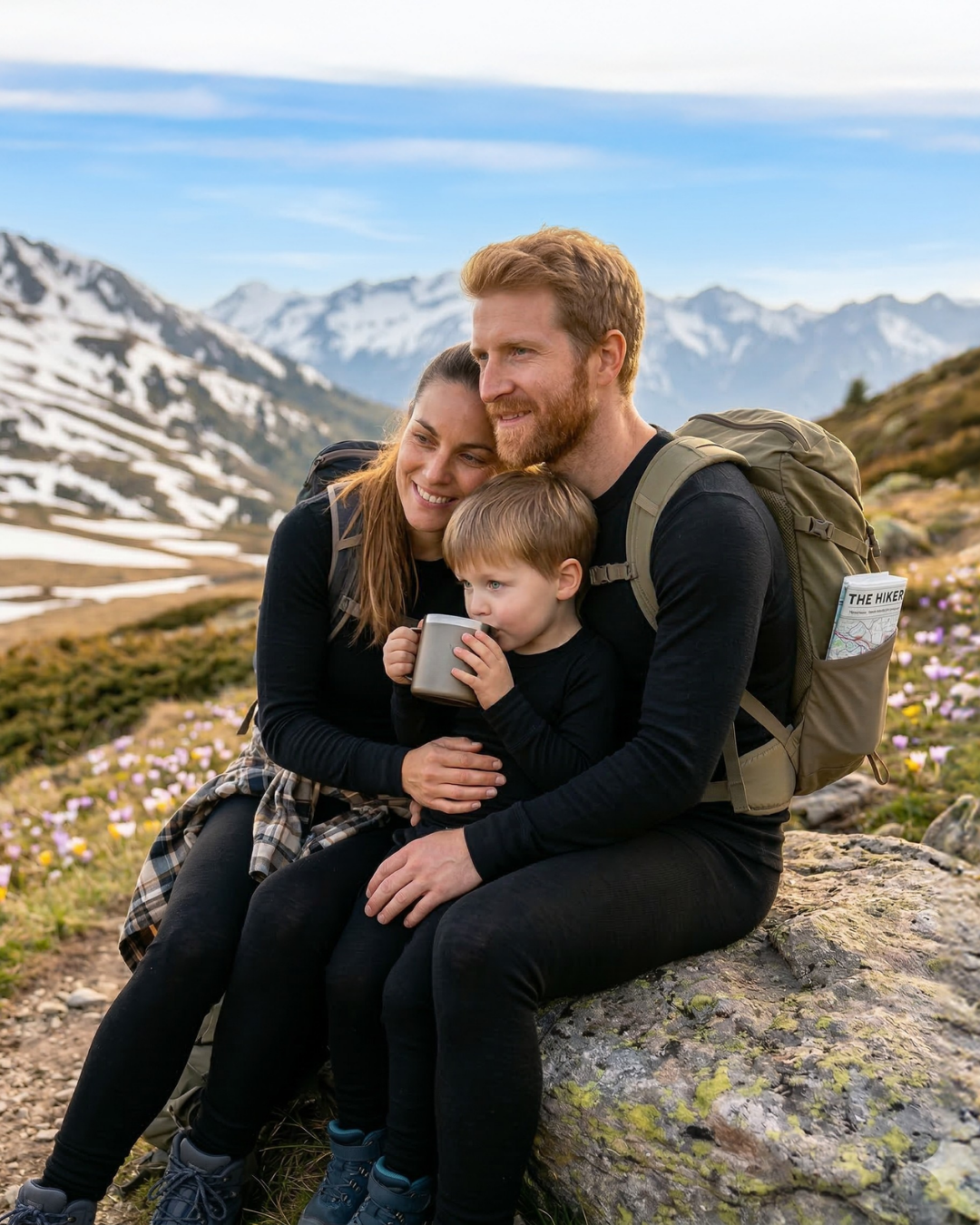 A family of three takes a break while hiking, sitting together on a large rock surrounded by small wildflowers. The man, woman, and young child are all wearing matching black long-sleeved base layers. The parents are smiling and embracing while looking off into the distance, and the child is drinking from a grey mug. The man is wearing a green backpack with a map tucked into the side pocket. Snow-capped mountains fill the background.