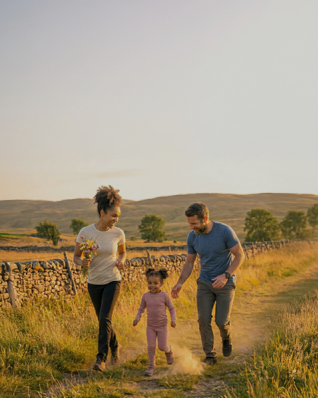 Family of three running happily along a dirt path through a grassy meadow at sunset. A woman in a light t-shirt carrying a small bouquet of wildflowers, a young girl in a dusty pink outfit, and a man in a blue t-shirt are jogging toward the camera, kicking up a small cloud of dust. A dry stone wall lines the left side of the path, with golden rolling hills in the background.