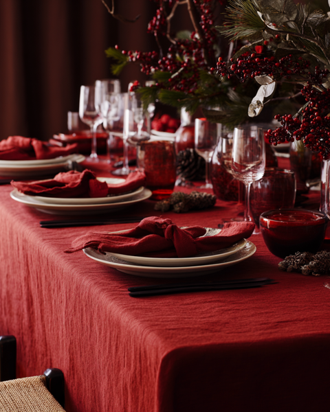 Elegant holiday dining table styled with red linen napkins, natural greenery, and candlelight, creating a warm Christmas atmosphere.