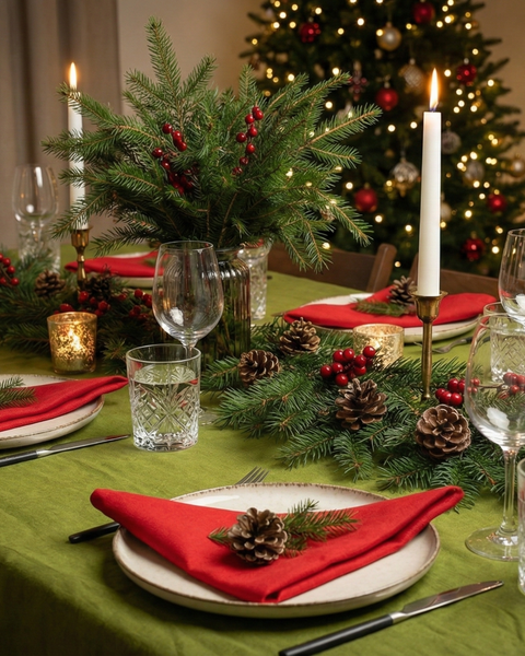 A holiday dining table set with a green tablecloth and red linen napkins folded on cream-colored plates. The centerpiece is made of fir branches, pinecones, red berries, and candles. Crystal glasses and a lit white taper candle add elegance, while a decorated Christmas tree glows in the background.