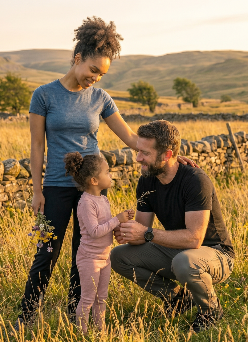 A family of three enjoying a sunset in a grassy field. A woman in a blue t-shirt stands next to a kneeling man in a black t-shirt, both smiling at a young girl who is holding wildflowers.