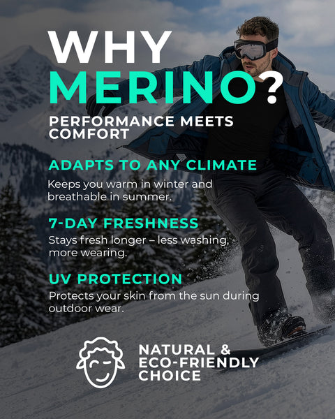 Snowboarder wearing a black merino wool base layer in ‘Why Merino?’ graphic, highlighting climate adaptability, long-lasting freshness, UV protection, and eco-friendly comfort.
