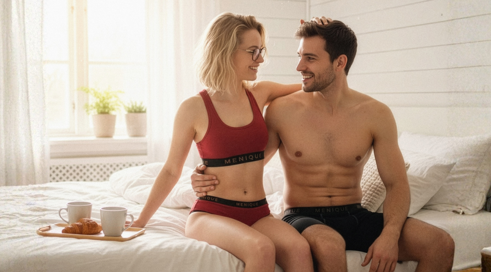 Man and woman sitting on a bed in matching underwear, with a tray of coffee and pastries.