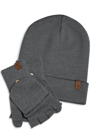 Gants convertibles et bonnet en mérinos pour homme, ensemble 2 pièces - Taille unique / Gris Foncé