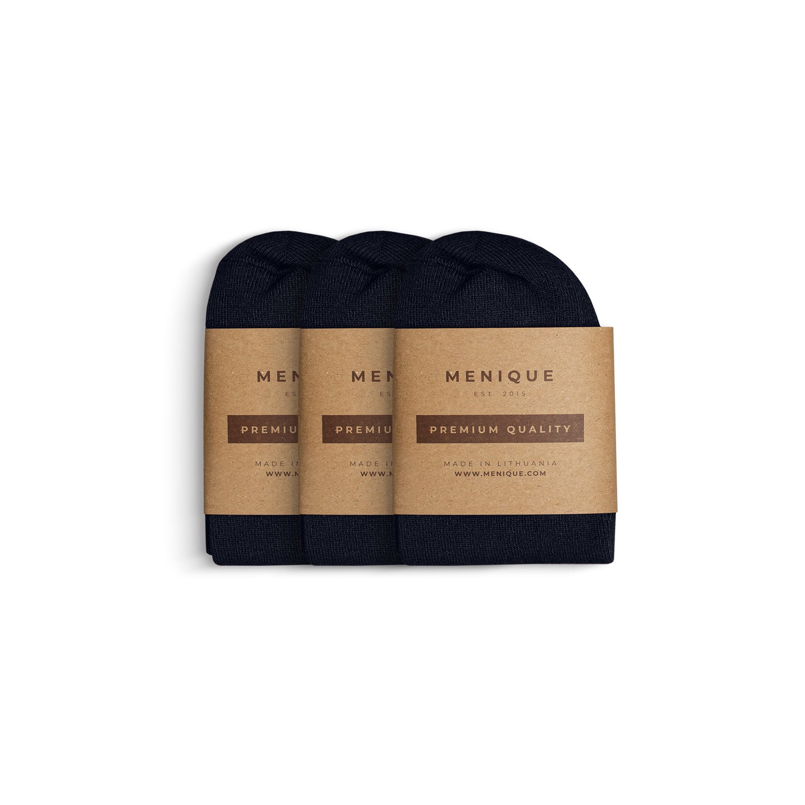 Three pairs of women’s bamboo socks in mustard yellow, folded side by side and packaged with Menique brown kraft labels marked ‘Premium Quality.