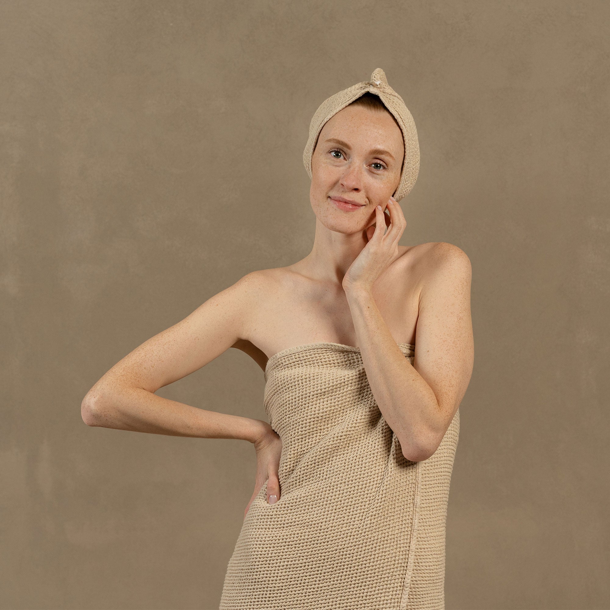 Waffle Hair Towel in sand brown