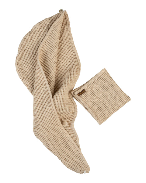 Waffle Washcloth &amp; Hair Towel 2-Set in sand brown color