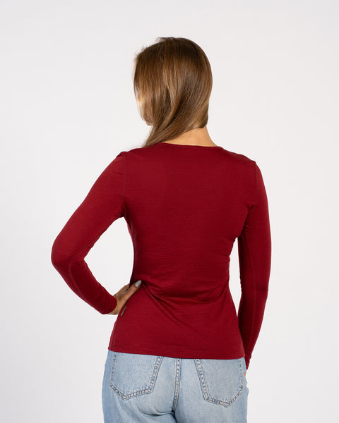 Slim fit thermal long sleeve for women in red – Merino wool base layer