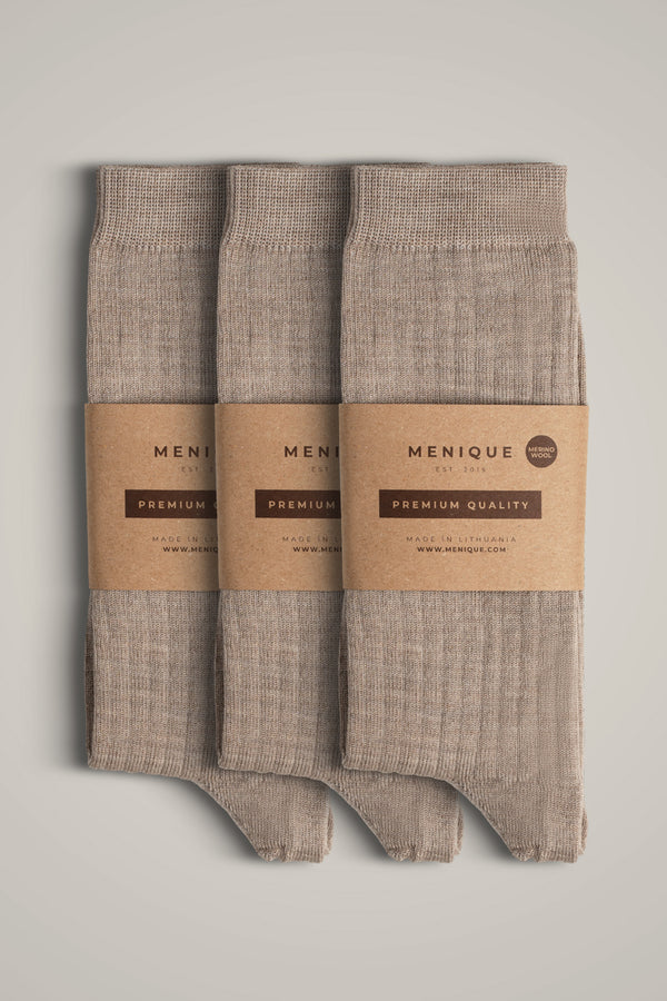 Women’s 85% Merino Wool Rib Thin Socks 3-Pack in Beige – lightweight, breathable, premium quality everyday socks.