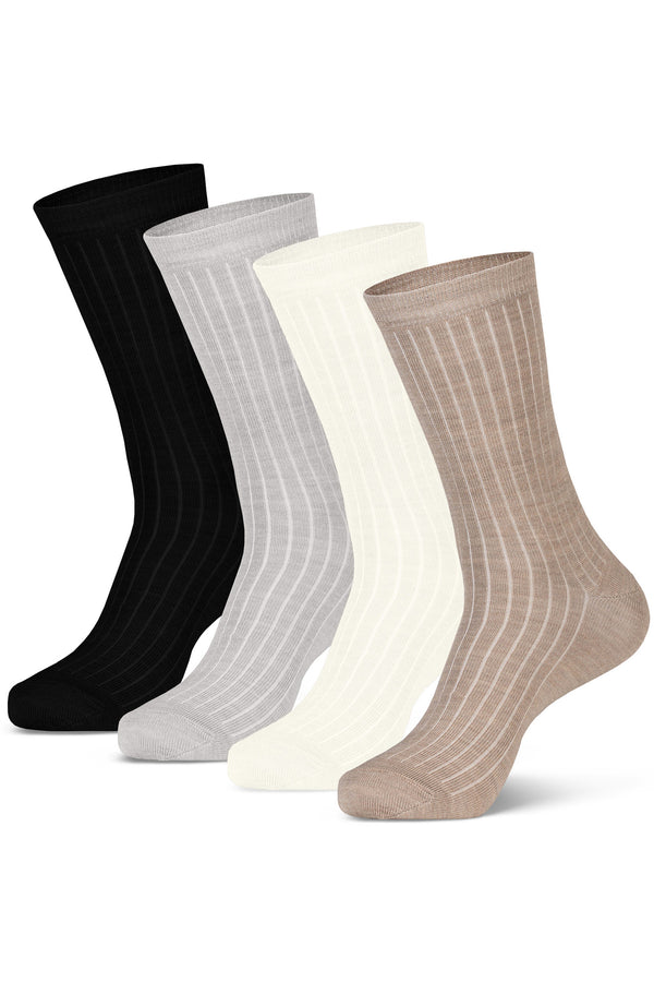 Women's Merino Rib Crew Socks in all 4 available colors, including black, light gray, natural, and beige.