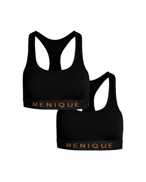 The menique women&#39;s sport bra in black color, front view, in a white background.