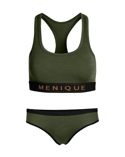 A flat-lay product shot of a matching women's underwear set in dark green, displayed against a pure white background. The set includes a racerback sports bralette and bikini-style briefs. Both pieces feature a contrasting black elastic band with the brand name "MENIQUE" woven in light brown text.