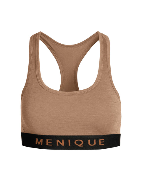 Beige merino wool sports bra for women with racerback design and elastic logo band
