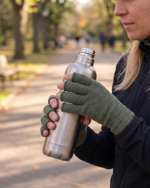 Woman holding stainless steel bottle wearing green merino wool fingerless gloves, breathable thermal cycling gloves for outdoor activities, biking, walking, and everyday use.