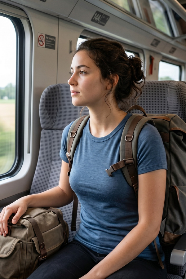 A young woman sitting by the window on a moving train, gazing out at the passing rural landscape. She is wearing a fitted blue short-sleeved t-shirt and dark pants. She has a large olive-green canvas backpack on her back and is resting her hand on a matching smaller canvas bag on the seat beside her. Another passenger is partially visible in the background.