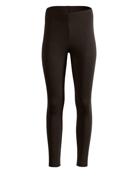 Product display of fitted dark chocolate brown thermal leggings shown isolated on a white background.