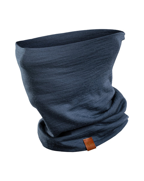 menique unisex merino gaiter in color denim. It is in a white background.