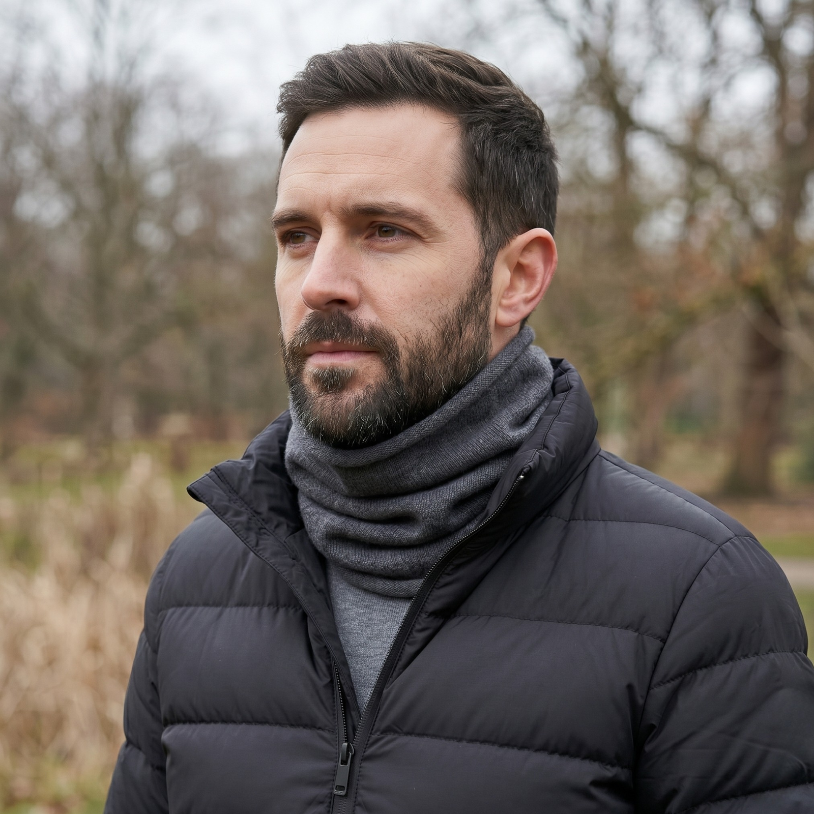A man looks at the camera while wearing a black winter jacket, a black beanie, and a creamy beige knit neck gaiter that is pulled up over his nose and mouth. He is standing in a sunny, snow-covered landscape with evergreen trees and mountains in the background.