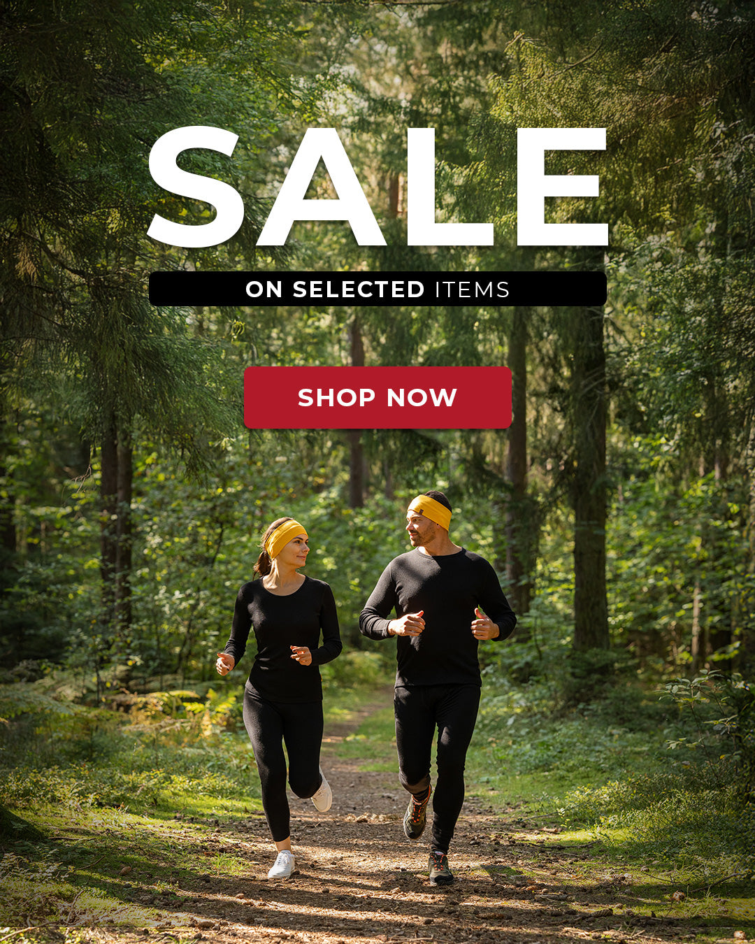 An advertisement featuring two people running in a forest, with the text "SALE ON SELECTED ITEMS SHOP NOW" displayed.
