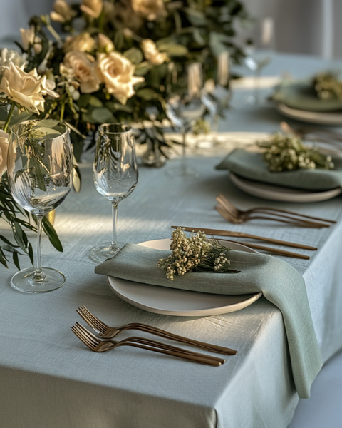 The menique wedding linen napkin set of 10 napkins in stone green color decorating a wedding celebration table.