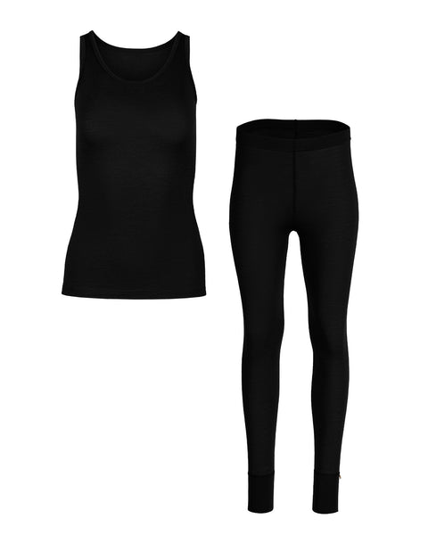 Packshot of women&#39;s 160 merino wool sleeveless top and bottoms set