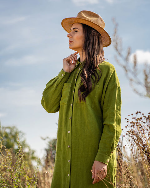 Linen Oversize Shirt Dress Margo Forest Green