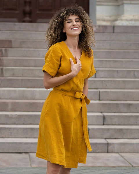 Linen Wrap Dress Eliana Spicy Yellow