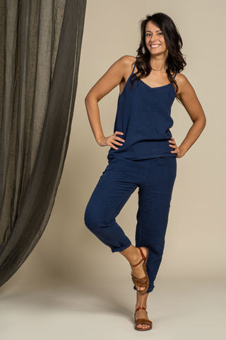 Ensemble 2 pièces débardeur en lin et pantalon bleu tempête - XS / Bleu Foncé